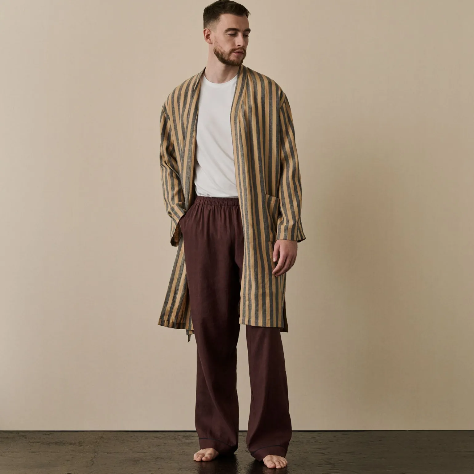 Blue & Porcini Striped Linen Robe
