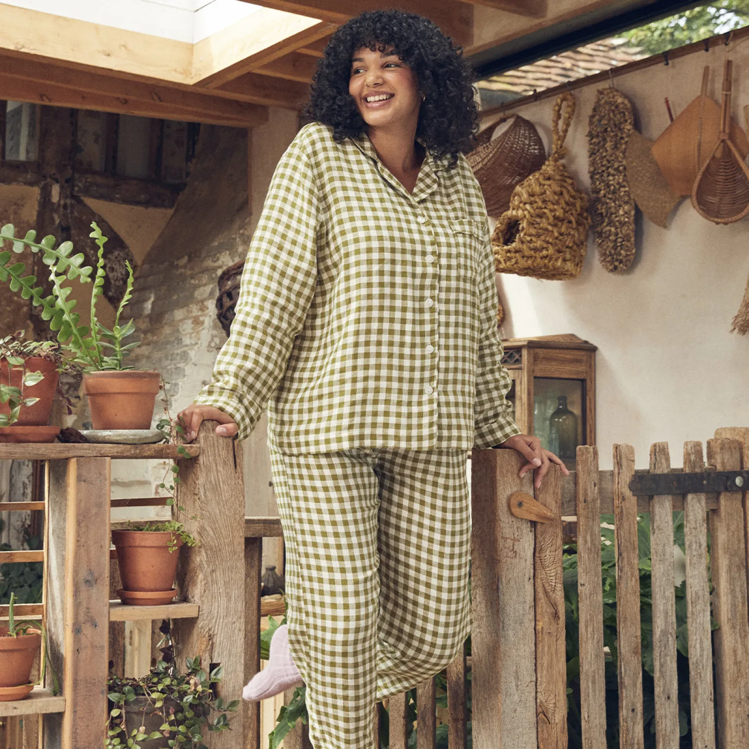 Botanical Green Gingham Linen Pajama pants