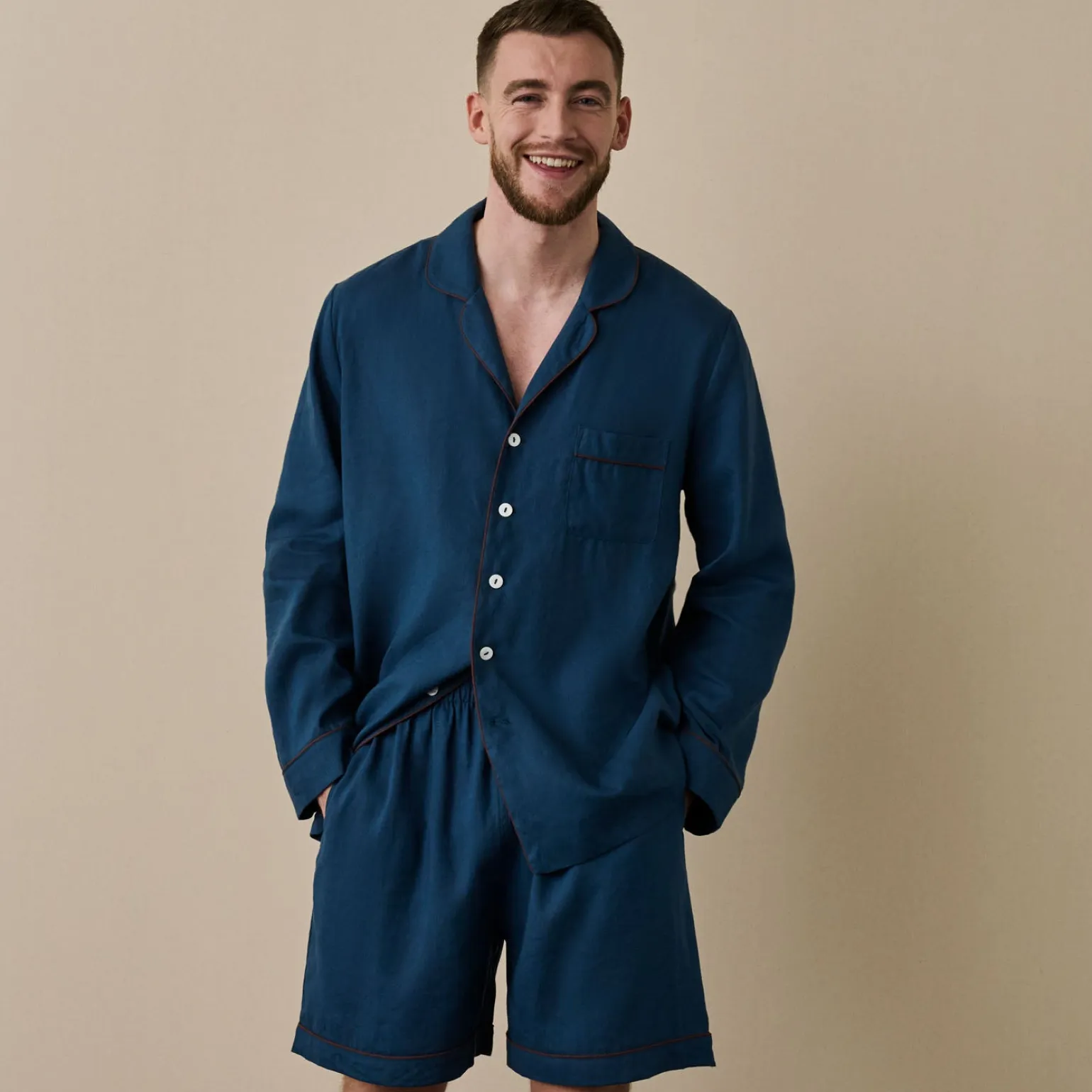 Marine Blue Linen Tencel Men's Pajama Shirt