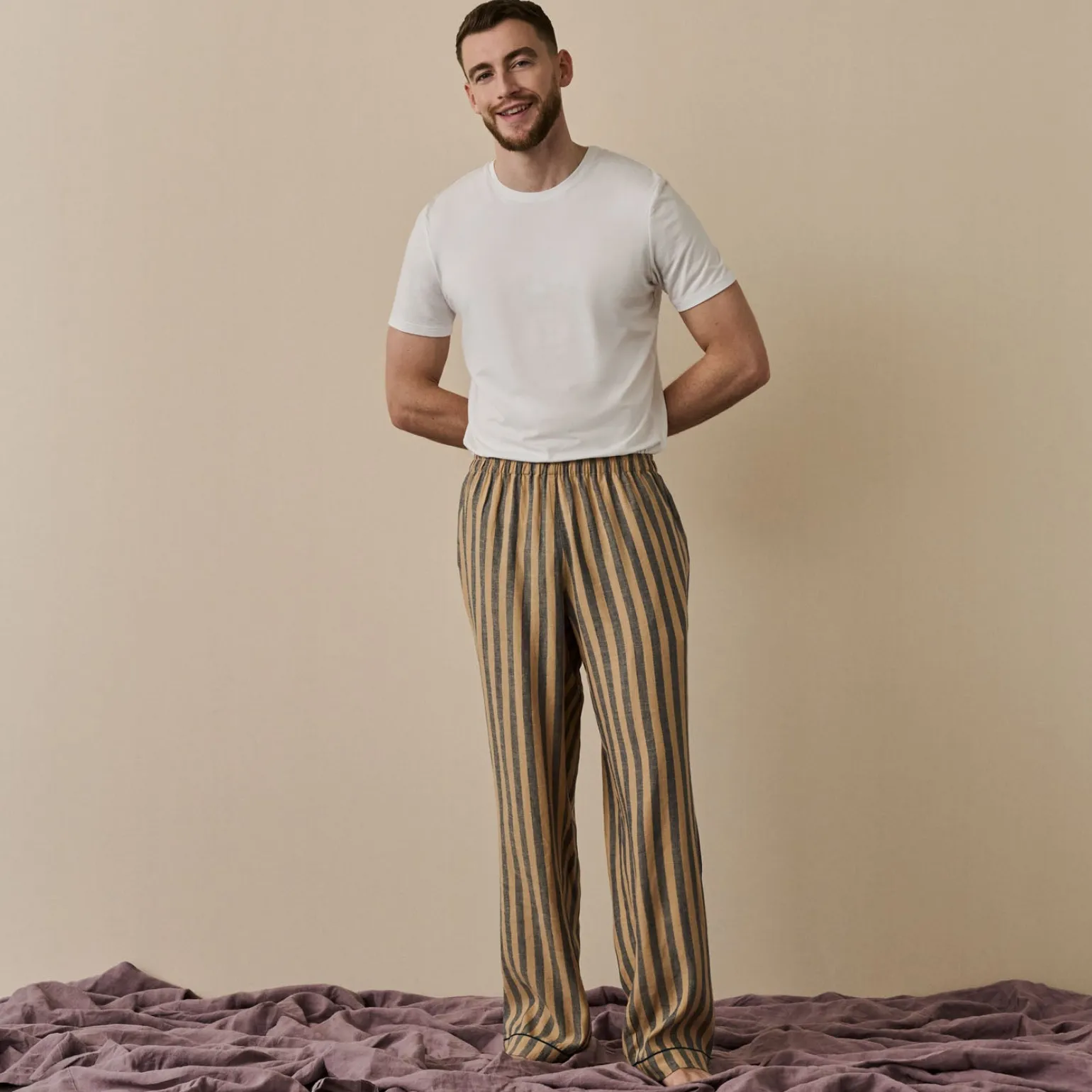 Men's Blue & Porcini Striped Linen Pajama Pants