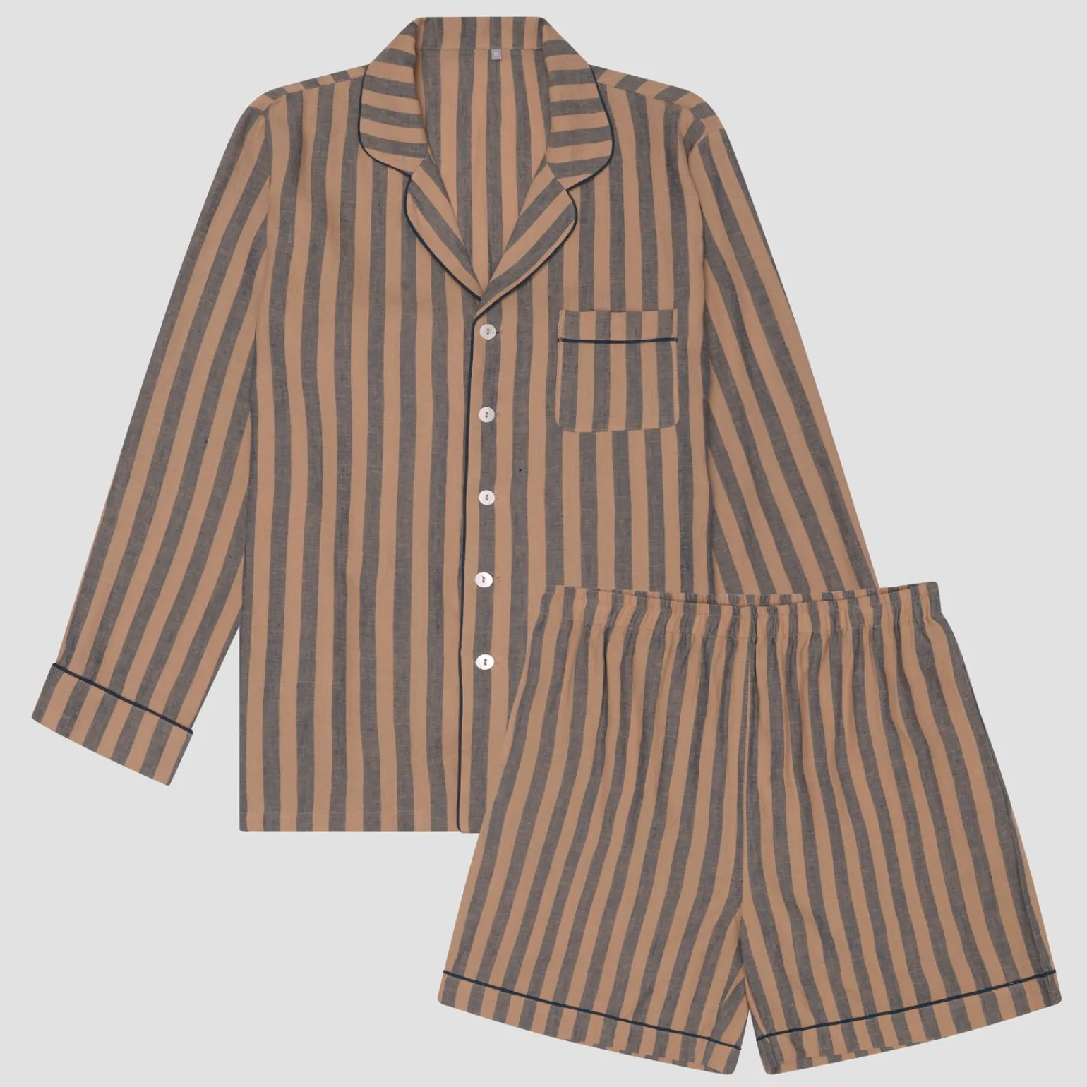Men's Blue & Porcini Striped Linen Pajama Short Set