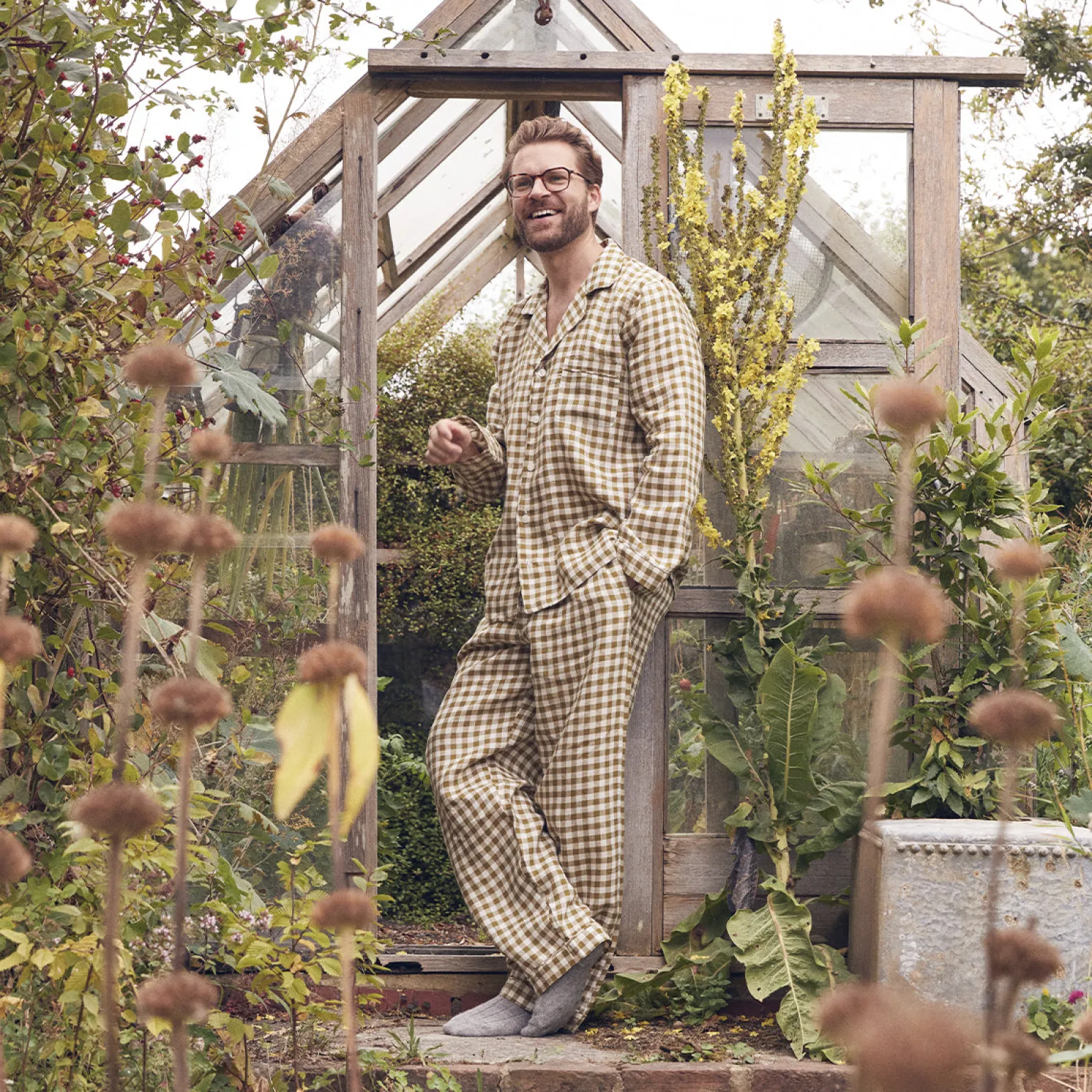 Men's Botanical Green Gingham Linen Pajama Set