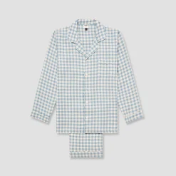 Men's Warm Blue Gingham Linen Pajama Pants Set