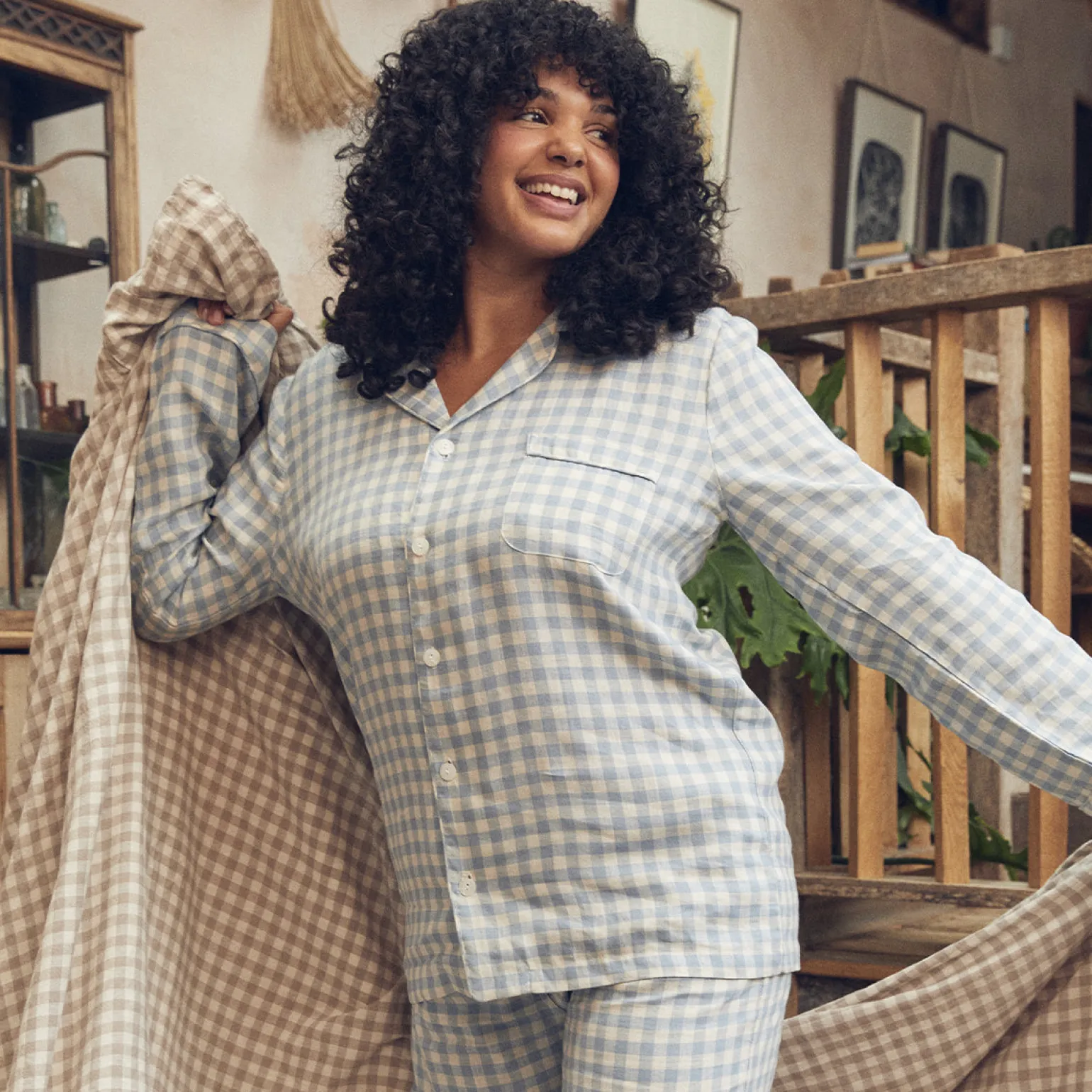 Warm Blue Gingham Linen Pajama Shirt (Top Only)
