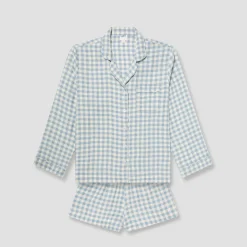 Warm Blue Gingham Linen Pajama Shorts Set